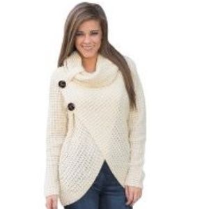 BEIGE BUTTON WRAP COWL NECK SWEATER